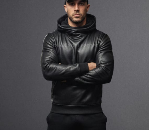 Men’s Handmade Real Black Sheep Leather Hoodie – Handmade Premium Leather Gym Hoodie for Morning Running, Workout & Casual Wear Leather Hood