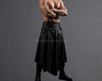Mens Handmade Black Genuine Cow Leather Kilt for Men - Made to Order, Premium Quality, Stylish Gothic Design Custom Made Real Cow leather