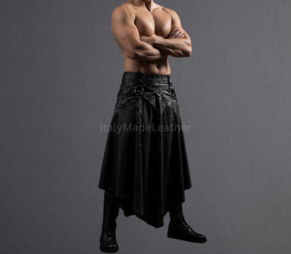 Mens Handmade Black Genuine Cow Leather Kilt for Men - Made to Order, Premium Quality, Stylish Gothic Design Custom Made Real Cow leather