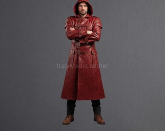 Men’s Genuine Handmade Red Cow Leather Trench Coat – Tailored Fit Steampunk Gothic Long Hooded Coat - Red Leather Trench Coat, Red Long Coat