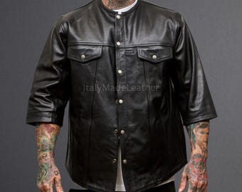 Men’s Genuine Handmade Sheep Leather Shirt | Handmade Black Leather Button-Up | Custom Made to Order | Italian Style Men Short Sleeve Jacket