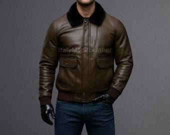 Echte handgemachte braune Kuhleder Pelzjacke für Herren | Warmer Winter Lammfellmantel | Biker Lederjacke Herren Lammfell Bomber Lederjacke