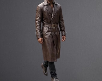 Men’s Genuine Brown Cow Leather Long Coat with Hood | Handmade Real Leather Trench | Men Premium Quality Gothic Steampunk Leather Long Coat