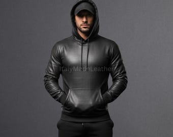 Men’s Handmade Real Black Sheep Leather Hoodie – Handmade Premium Leather Gym Hoodie for Morning Running, Workout & Casual Wear Leather Hood