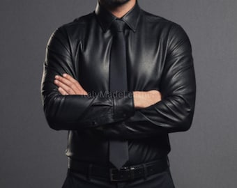 Men’s Genuine Handmade Black Sheep Leather Dress Shirt | Black Leather Button-Up Shirt | Black Sheep leather Formal Shirt | Party Shirt wear