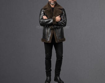 Men’s Genuine Handmade Black Cow Leather Fur Jacket | Warm Winter Shearling Coat | Luxury Aviator Style Outerwear | Men Shearling Jacket