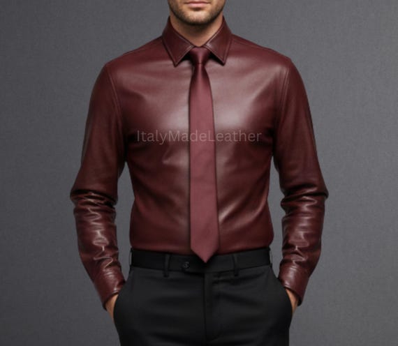 Men’s Handmade Burgundy Sheep Leather Dress Shirt | Real Leather Formal Shirt | Tailored Fit Premium Soft Sheepskin Shirt - Casual Shirt