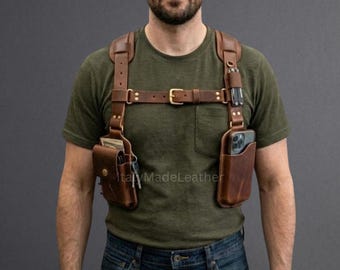 Men’s Genuine Brown Sheep Leather Shoulder Holster Harness – Handmade Biker Chest Vest Real Black Sheep Leather Chest Harness Utility Bag