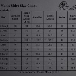 May include: A shirt size chart with measurements in inches. The chart includes sizes from 2x-small to 5x-large, detailing chest, shoulder, sleeve, and shirt length measurements. The text "Men's Shirt Size Chart" is at the top.