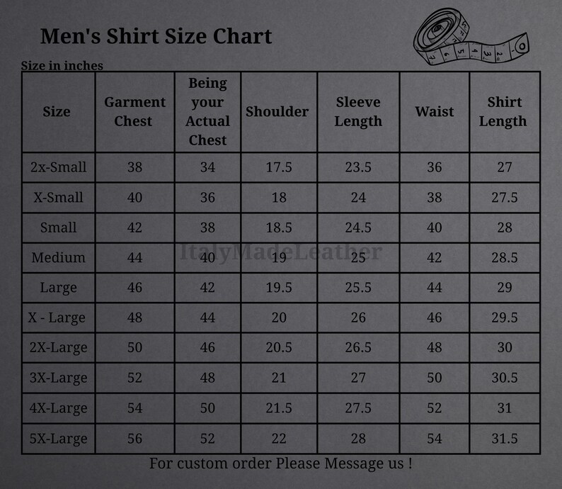 May include: A shirt size chart with measurements in inches. The chart includes sizes from 2x-small to 5x-large, detailing chest, shoulder, sleeve, and shirt length measurements. The text "Men's Shirt Size Chart" is at the top.
