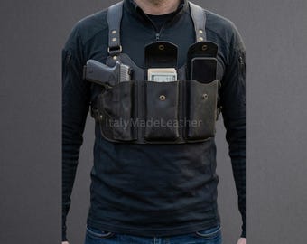 Męska ręcznie robiona czarna skórzana kabura na ramię, torba na klatkę piersiową z prawdziwej skóry bydlęcej, kabura na telefon, regulowana torba użytkowa typu crossbody