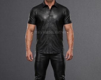 Men’s Genuine Black Sheep Leather Shirt Handmade Premium Leather Button-Up Casual Party Shirt - Half Sleeve Leather Shirt - Gift for Him