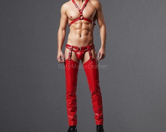 Men’s Handmade Genuine Red Leather Chaps with Harness – Made to Order, Real Cowhide Leather, Premium Quality, Fetish Wear, Costume Outfit