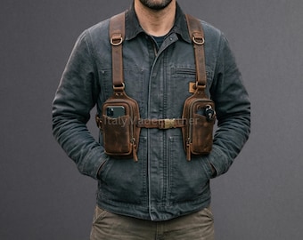 Étui de poitrine en cuir marron fait main pour homme, support pour téléphone, portefeuille en espèces, pochette à clés, harnais réglable, sac utilitaire de harnais de poitrine de voyage