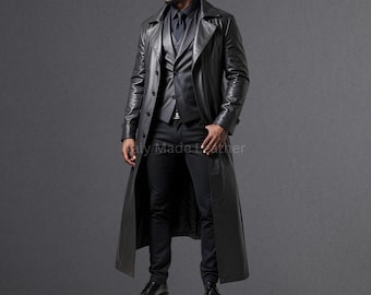 Lange jas heren echt zwart rundleer – handgemaakte echt leren trenchcoat, casual jas, formele jas, klassieke lange jas, steampunkjas