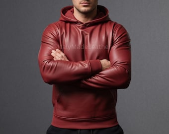 Men’s Handmade Real Red Sheep Leather Hoodie – Handmade Premium Leather Gym Hoodie for Morning Running, Workout & Casual Wear - Leather Hood