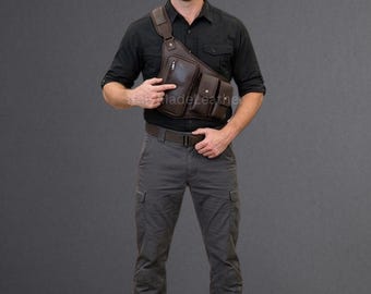 Echt bruin schapenleren schouderholsterharnas voor heren – Handgemaakt bikerborstvest echt zwart schapenleer borstharnas Utility tas