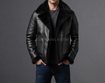 Men’s Genuine Handmade Black Cow Leather Fur Jacket | Warm Winter Shearling Coat | Luxury Aviator Style Outerwear | Men Shearling Jacket