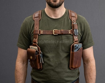 Men’s Genuine Brown Sheep Leather Shoulder Holster Harness – Handmade Biker Chest Vest Real Black Sheep Leather Chest Harness Utility Bag