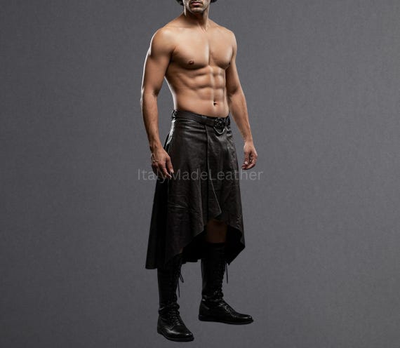 Mens Handmade Black Genuine Cow Leather Kilt for Men - Made to Order, Premium Quality, Stylish Gothic Design Custom Made Real Cow leather
