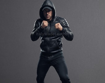 Men’s Handmade Real Black Sheep Leather Hoodie – Handmade Premium Leather Gym Hoodie for Morning Running, Workout & Casual Wear Leather Hood