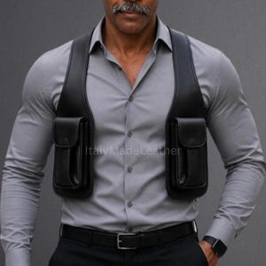 May include: A black leather chest holster harness featuring two vertical storage pouches with flap closures, worn over a light gray button-down shirt. The harness has wide shoulder straps and is secured with a black belt at the waist.