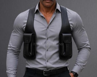 メンズ ハンドメイド 本革 ブラックシープスキン チェストホルスターバッグ、EDCユーティリティハーネス、クロスボディ フェスティバル トラベル モーターサイクルバッグ - メンズホルスター