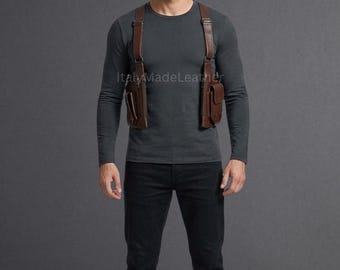 Men’s Genuine Brown Sheep Leather Shoulder Holster Harness – Handmade Biker Chest Vest Real Black Sheep Leather Chest Harness Utility Bag