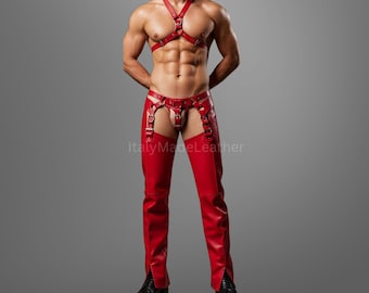 Men’s Handmade Genuine Red Leather Chaps with Harness – Made to Order, Real Cowhide Leather, Premium Quality, Fetish Wear, Costume Outfit