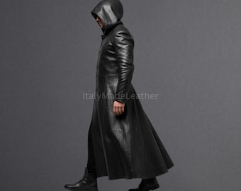 Men’s Genuine Black Cow Leather Long Coat – Handmade Real Leather Trench Coat, Casual Coat, Formal Coat, Classic Long Coat, Steampunk Coat