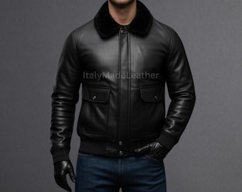 Men’s Genuine Handmade Black Cow Leather Fur Jacket | Warm Winter Shearling Coat | Biker Style Jacket | Men Shearling Bomber Biker Jacket
