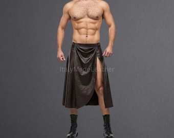 Kilt masculino feito à mão em couro bovino genuíno marrom - Feito sob encomenda, qualidade premium, design gótico elegante.