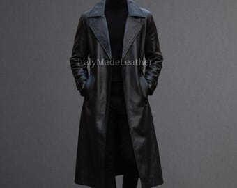 Lange jas heren echt zwart rundleer – handgemaakte echt leren trenchcoat, casual jas, formele jas, klassieke lange jas, steampunkjas