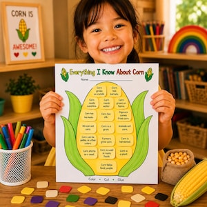May include: A white educational worksheet titled Everything I Know About Corn featuring a large yellow corn cob illustration with green husks. The worksheet contains fifteen yellow squares with printed facts about corn and a blank line for a name.