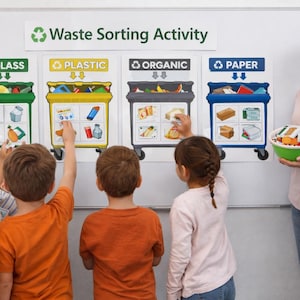 Könnte beinhalten: Eine Müllsortieraktivität im Klassenzimmer. Kinder stehen um eine Tafel mit Schildern für Glas-, Kunststoff-, Bio- und Papierrecycling. Eine Lehrerin hält eine Schüssel mit Gegenständen zum Sortieren. Die Schilder zeigen Beispiele.