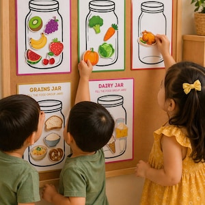 Pode incluir: Um conjunto de cinco cartazes educativos rotulados como Fruit Jar, Vegetable Jar, Protein Jar, Grains Jar e Dairy Jar, cada um com o contorno de um frasco e recortes coloridos de grupos alimentares para colocar dentro do frasco.