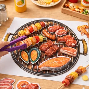 Puede incluir: Una escena de mesa con una parrilla de papel y varios recortes de comida, incluyendo brochetas, filetes, salchichas y mariscos. También hay condimentos y alimentos adicionales como rodajas de limón y maíz. Una mano sostiene unas pinzas moradas.