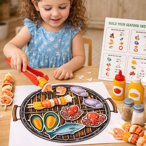 Juego de simulación de barbacoa de mariscos para imprimir - Actividad de aprendizaje imprimible sobre alimentos, actividad para niños pequeños, juego de comida con brochetas, actividad de barbacoa