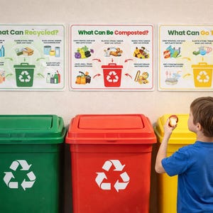May include: Three recycling bins in green, red, and yellow, each with a recycling symbol. Above the bins are signs with text: "What Can Recycled?", "What Can Be Composted?", and "What Can Go To Trash?"