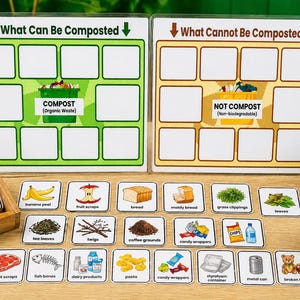 Pode incluir: Jogo educativo de compostagem com dois quadros: "O que pode ser compostado" e "O que não pode ser compostado". Inclui cartões ilustrados de itens compostáveis e não compostáveis, um caminhão de brinquedo verde e um recipiente de compostagem. Os quadros exibem as palavras "COMPOSTO" e "NÃO COMPOSTO".