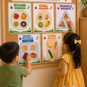 Pode incluir: Um quadro de cortiça com uma atividade de classificação de formas de alimentos com cinco seções rotuladas como Round, Oval, Triangle, Square/Rectangle e Long. Cada seção exibe ilustrações coloridas de alimentos categorizadas por forma.