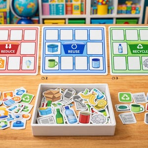 Puede incluir: Juego educativo de reciclaje con tres tableros etiquetados como "Reducir", "Reutilizar" y "Reciclar". Incluye un contenedor blanco lleno de varios elementos ilustrados y recortes adicionales. La mano de un niño coloca un recorte en el tablero "Reciclar".