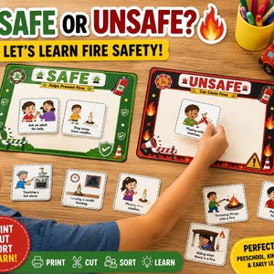 May include: A fire safety educational sorting game featuring two rectangular mats labeled SAFE and UNSAFE. The green mat includes cards for safe behaviors, while the red mat displays cards for unsafe actions. Includes illustrations of children interacting with fire hazards and safety tools.