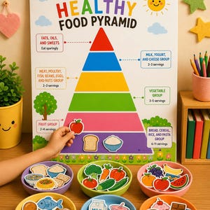 Puede incluir: Un póster educativo blanco titulado BUILD A HEALTHY FOOD PYRAMID con secciones coloridas para grupos de alimentos. Incluye seis cuencos pequeños llenos de varios recortes con forma de alimentos como frutas, verduras, granos, lácteos y proteínas.