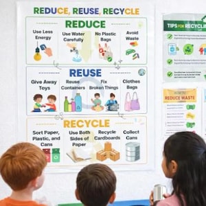 May include: A colorful poster with the words "REDUCE, REUSE, RECYCLE" is displayed. The poster is divided into sections with illustrations and text about reducing waste, reusing items, and recycling. Three children are looking at the poster, holding recyclable items.