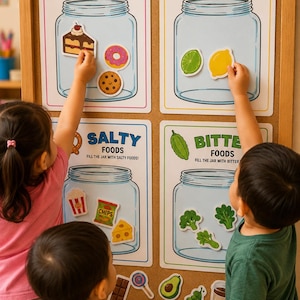 Puede incluir: Un panel educativo de pared con cuatro secciones etiquetadas como Sweet, Sour, Salty y Bitter Foods, cada una con la ilustración de un frasco grande. El panel incluye varios recortes de alimentos como pastel, limón, patatas fritas y brócoli para clasificar.