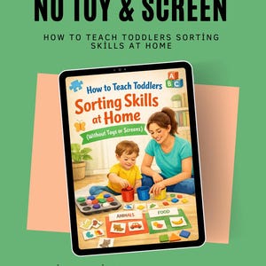 May include: A book cover with the title "NO TOY & SCREEN" and the subtitle "HOW TO TEACH TODDLERS SORTING SKILLS AT HOME." The cover features an illustration of a woman and a child sorting objects. The text "SIMPLE - DIRECT - PROVEN WAYS" is at the bottom.