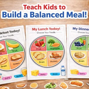 Può includere: Tre tabelle educative intitolate My Breakfast Today, My Lunch Today e My Dinner Today, ognuna con un piatto circolare diviso in quattro sezioni etichettate Fruit, Vegetable, Grain e Protein, con icone aggiuntive per Dairy e Drink.