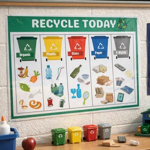 Può includere: Una scena in classe con un poster "RECYCLE TODAY" che mostra diversi contenitori per il riciclaggio di organico, plastica, vetro, carta e rifiuti elettronici. Sono visibili anche un grafico colorato e un poster del sistema solare.