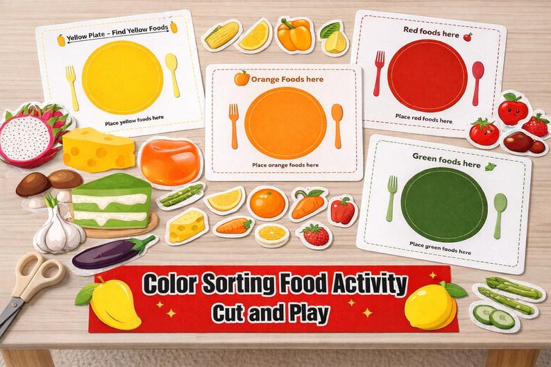 Color Sorting Food Plates Activity for Kids – Cut and Paste Printable ...